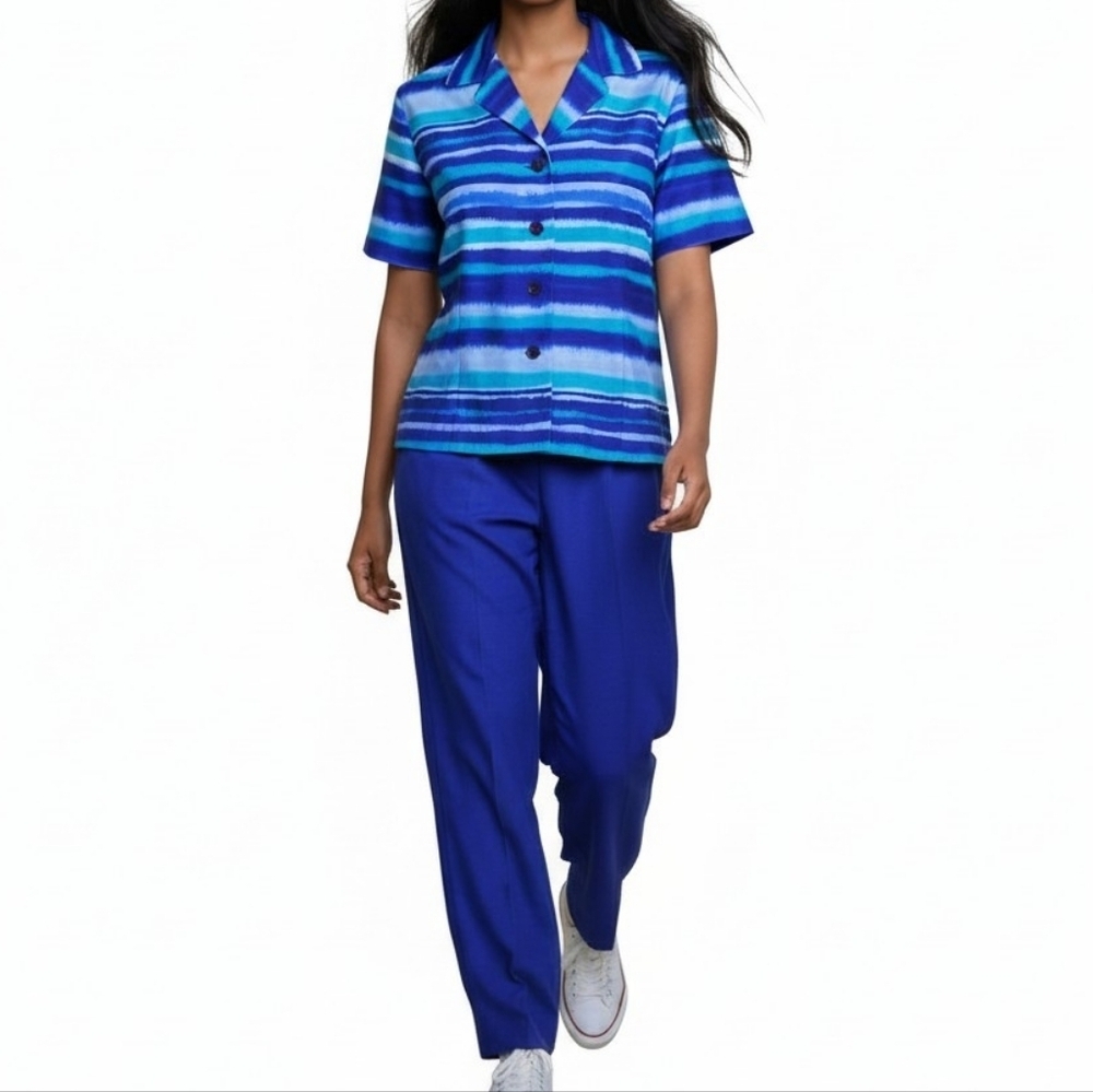 Sag Harbor Satin Pant Suit Size 10P Blue Short Sleeve Blouse Back Zip Pants